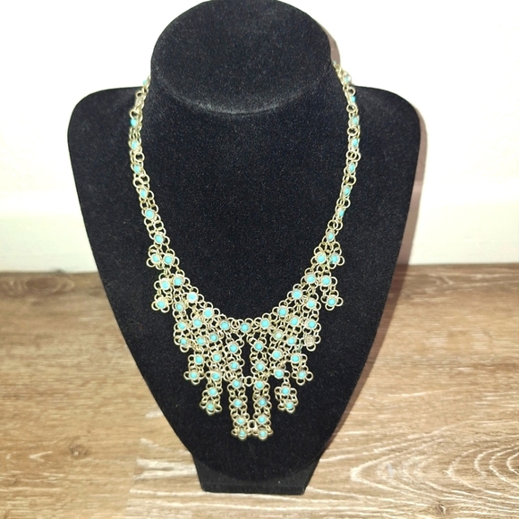 Vintage Estate  Mesh Faux Turquoise Bib Fashion Necklace. 2 Missing Faux Turquoi - Picture 1 of 9